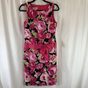 Talbots Dress Women's 6 Pink Floral Sleeveless Zip Back Bow Front Midi Made USA